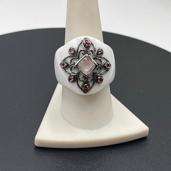 EA Ross Simons Sterling White Agate Rhodolite Pink Rose Quartz Ring Sz 9.5 - Picture 1 of 8